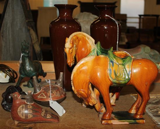 Pair of Chinese Tang-style sancai-glazed horses, pair modern sang de boeuf vases and sundry items (8)